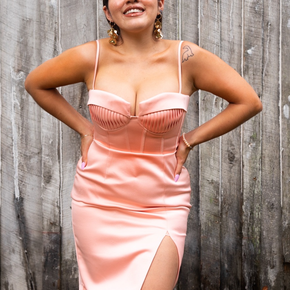Lavish Alice pleated satin corset midi dress peach